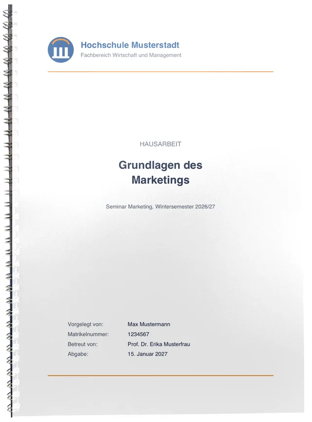 Spiralbindung, unter der Folie das Deckblatt einer Hausarbeit